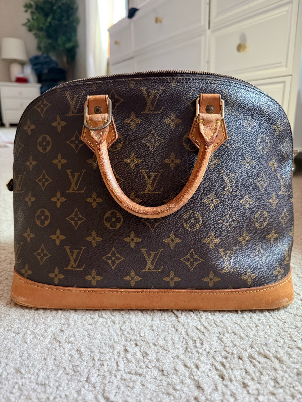 Louis Vuitton Brown Monogram Alma Handbag with Tan Leather Trim